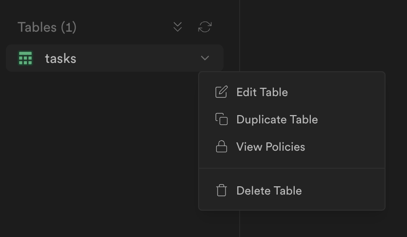 Showing the menu options for a table
