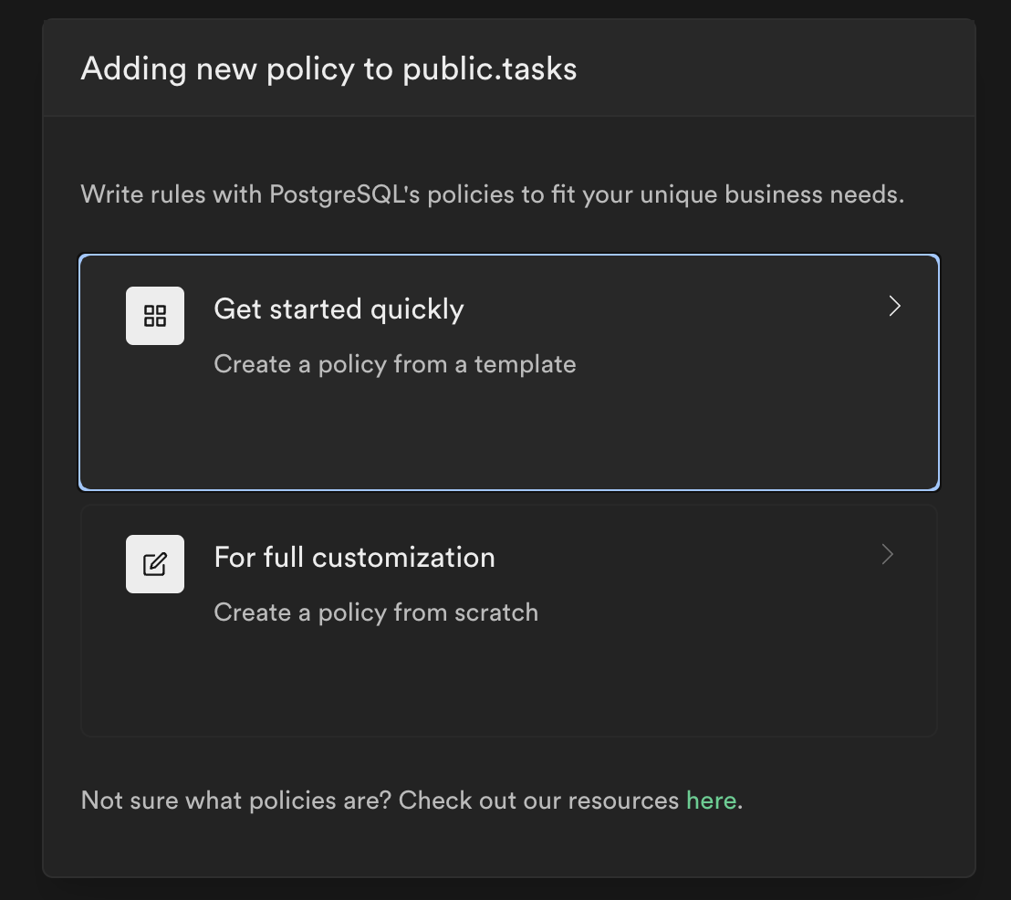Options for new policy screenshot