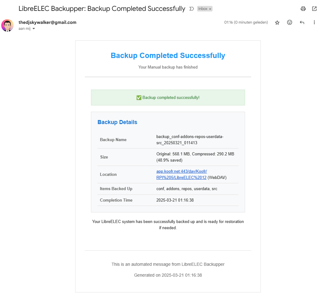 Backup Completed Email