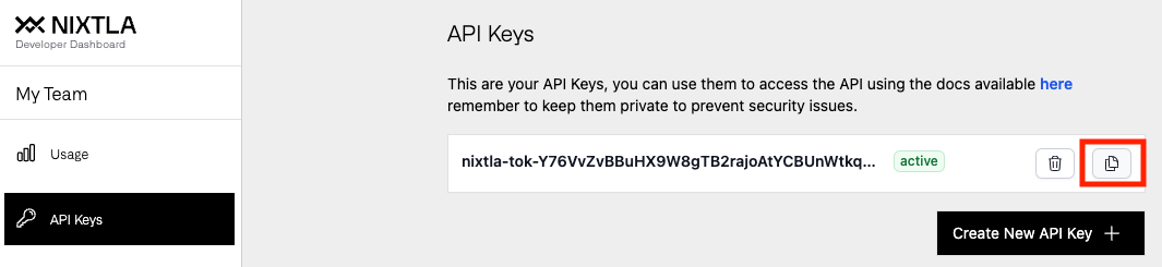 Dashboard for TimeGPT API keys. Keys is in the middle, with trash and copy buttons on the right.