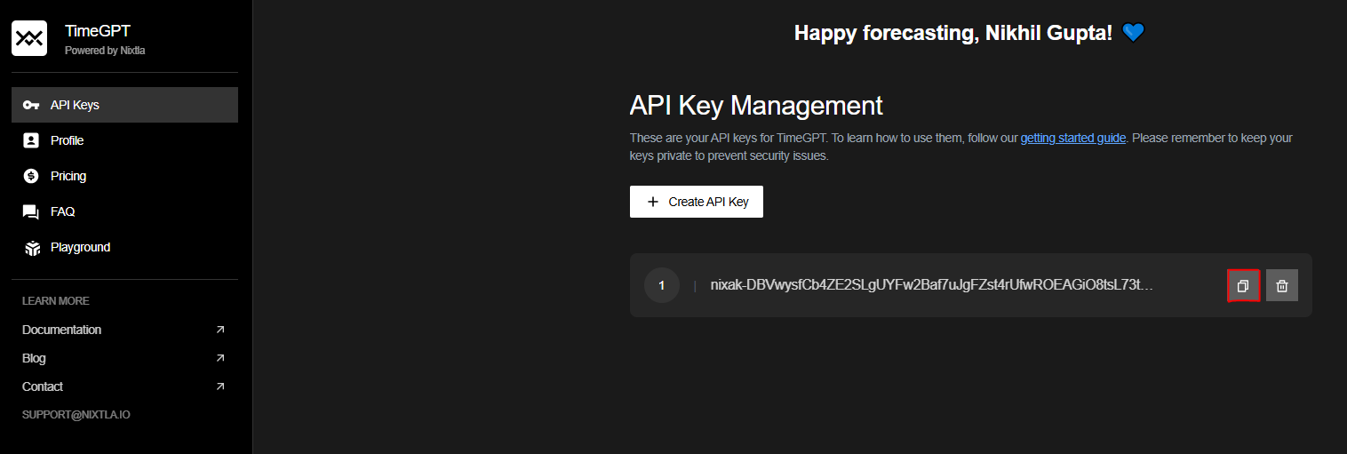 Dashboard for TimeGPT API keys. Keys is in the middle, with trash and copy buttons on the right.