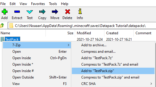 An image showing the 7zip GUI, and using the 7zip -> add to Testpack.zip