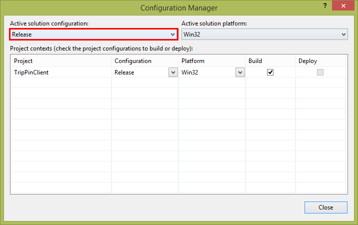 Change the build configuration in Configuration Manager