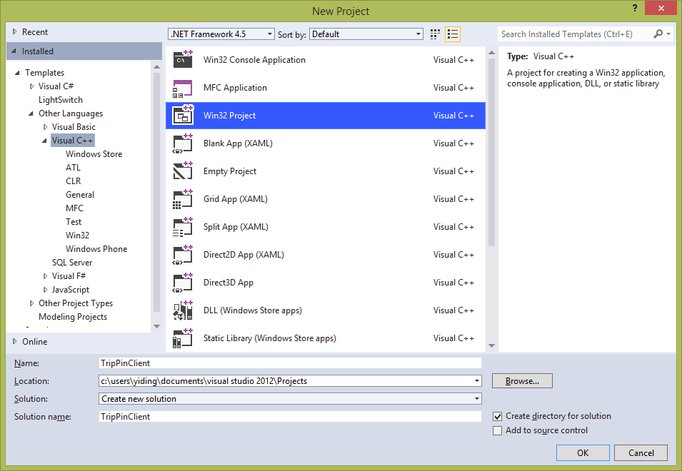 Create an empty C++ project in Visual Studio 2012