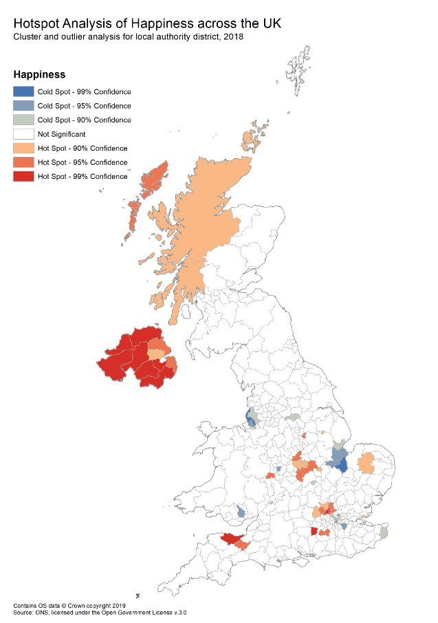 A map showing the result of hotspot analysis on happiness data from 2018 across the UK. 