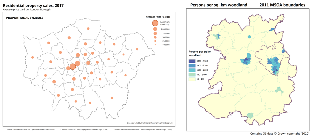 Two maps showing a) a proportional symbol map of residential property sale prices in London, and b) a choropleth map showing persons per square km woodland. 