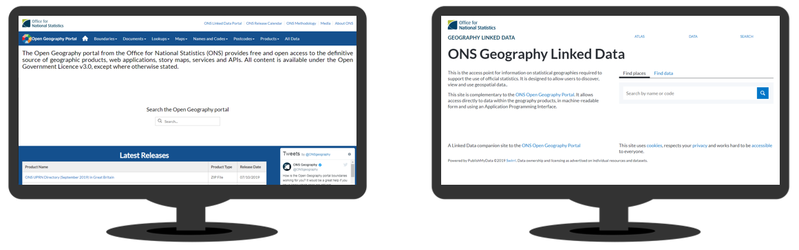 The front pages of the Open Geography Portal and the ONS Geography Linked Data Portal 