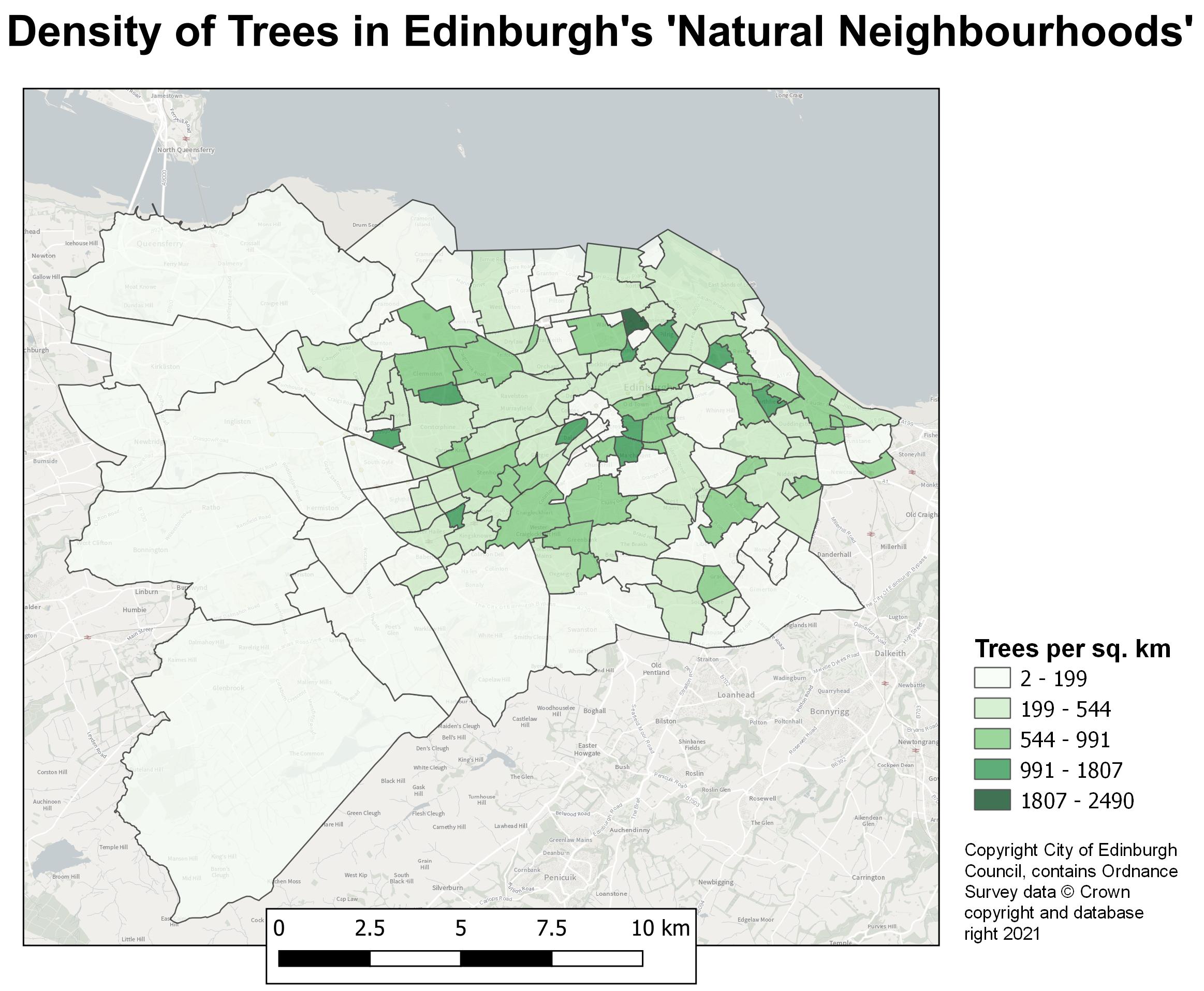 Final output map: Choropleth showing density of trees in Edinburgh Natural Neighbourhoods