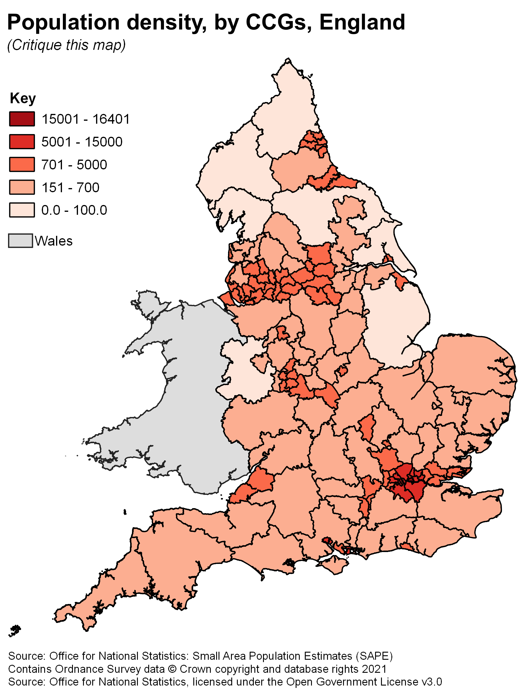 A bad version of a map showing population density by CCGs, England.