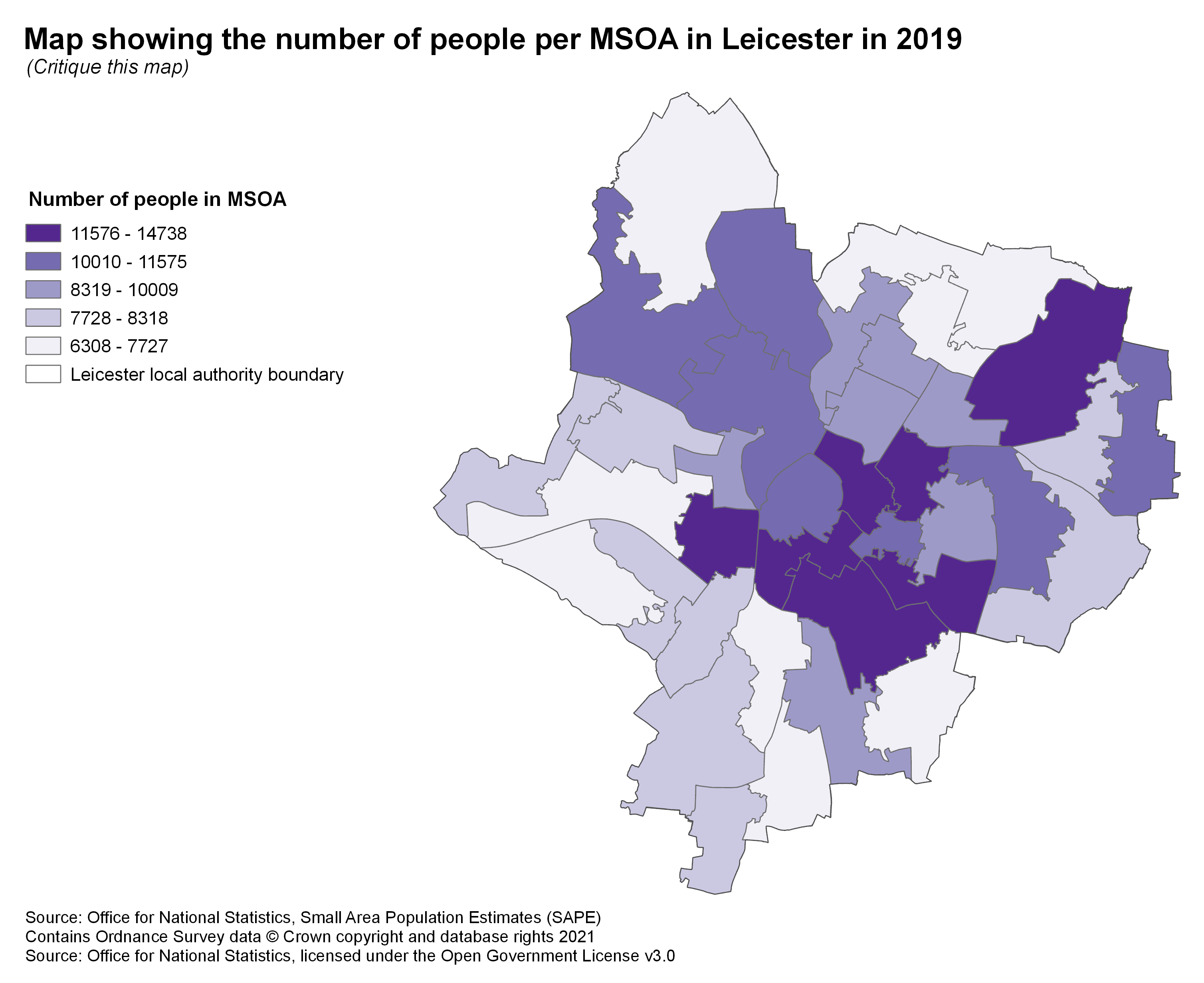 A bad version of a map showing population in Leicester.
