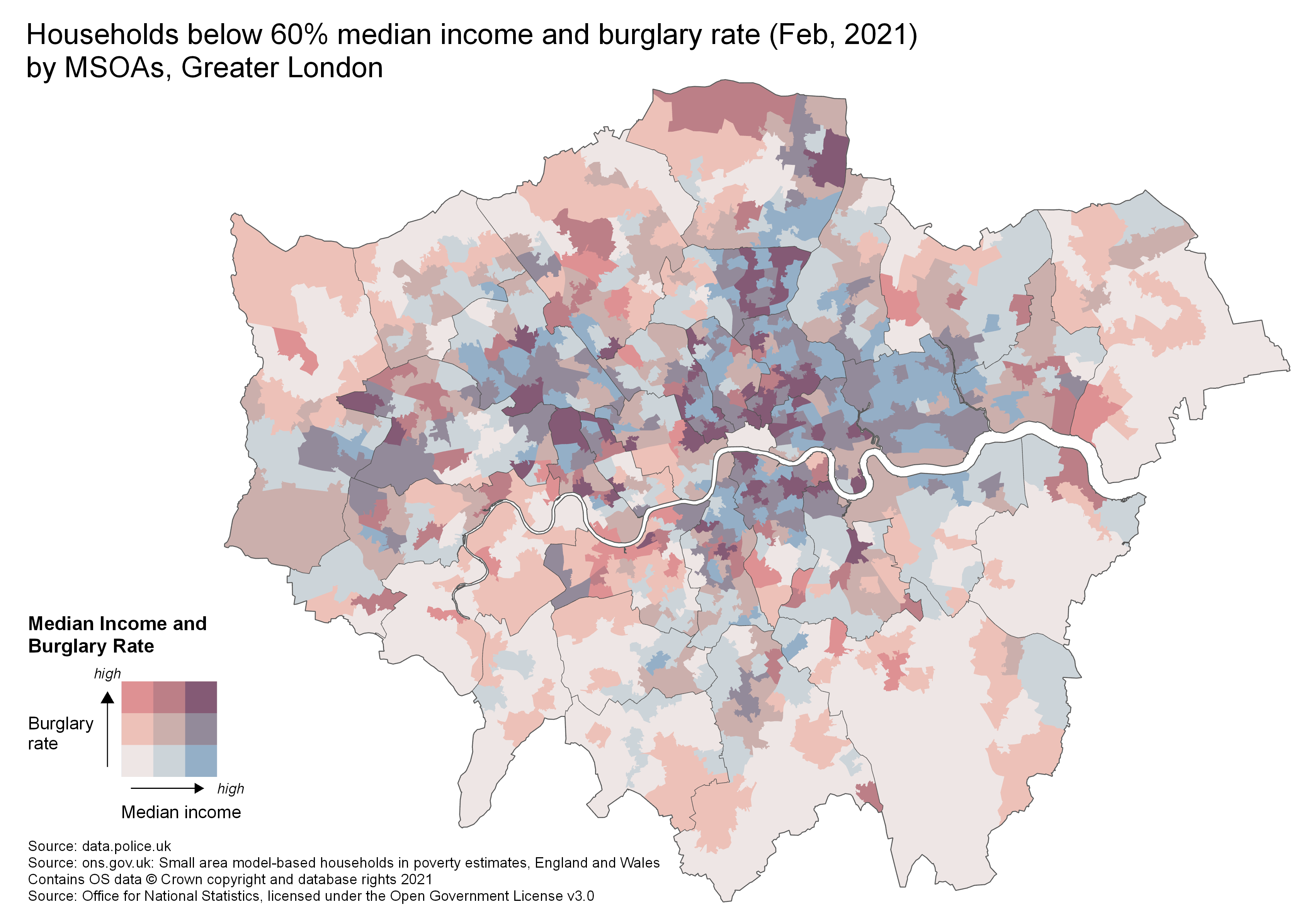 Bivariate map of London MSOAs showing Burglary rates vs median household income
