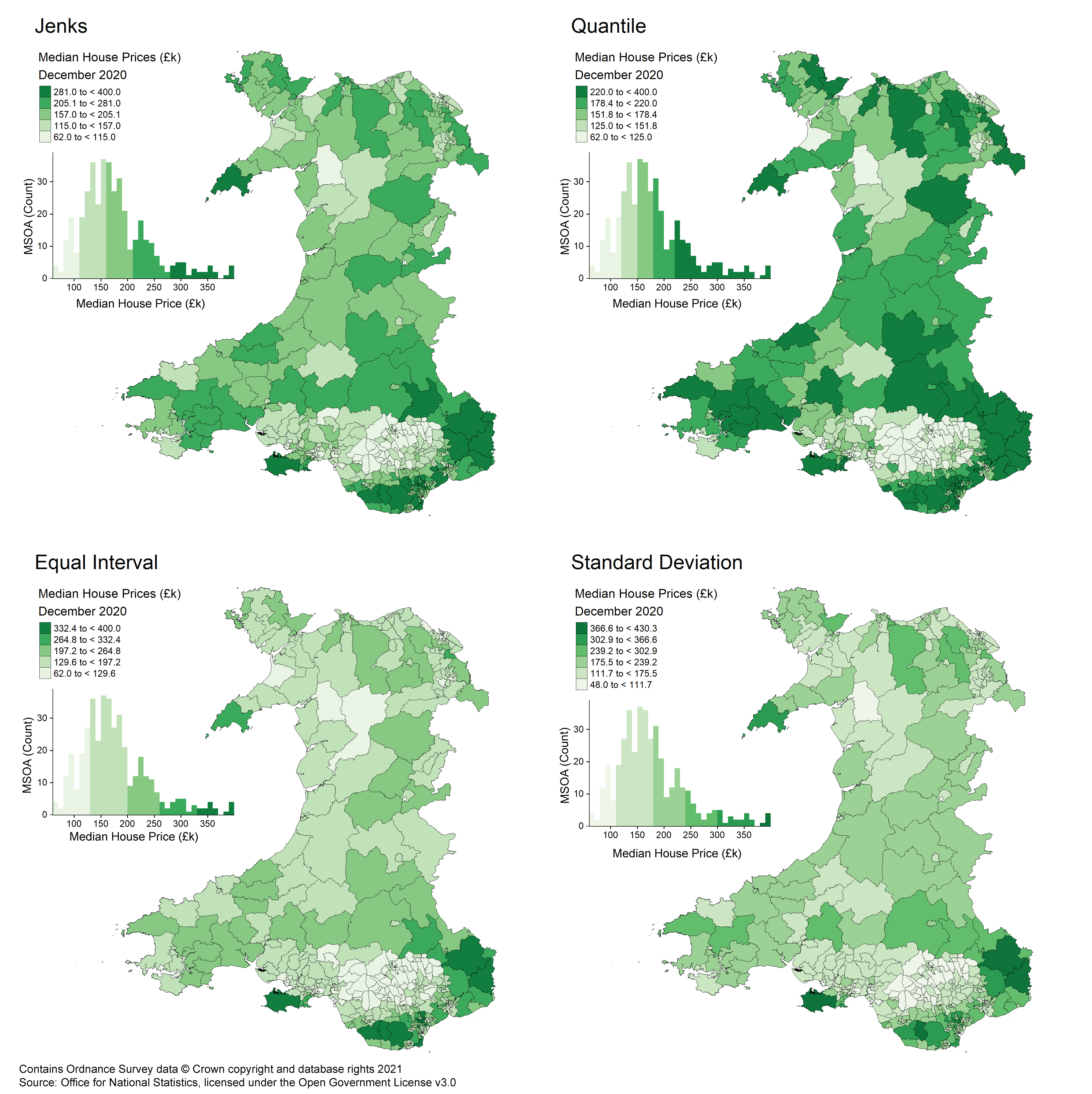 Median House Prices by MSOA maps showing Jenks, Quantile, Equal interval and Standard deviation types of class breaks