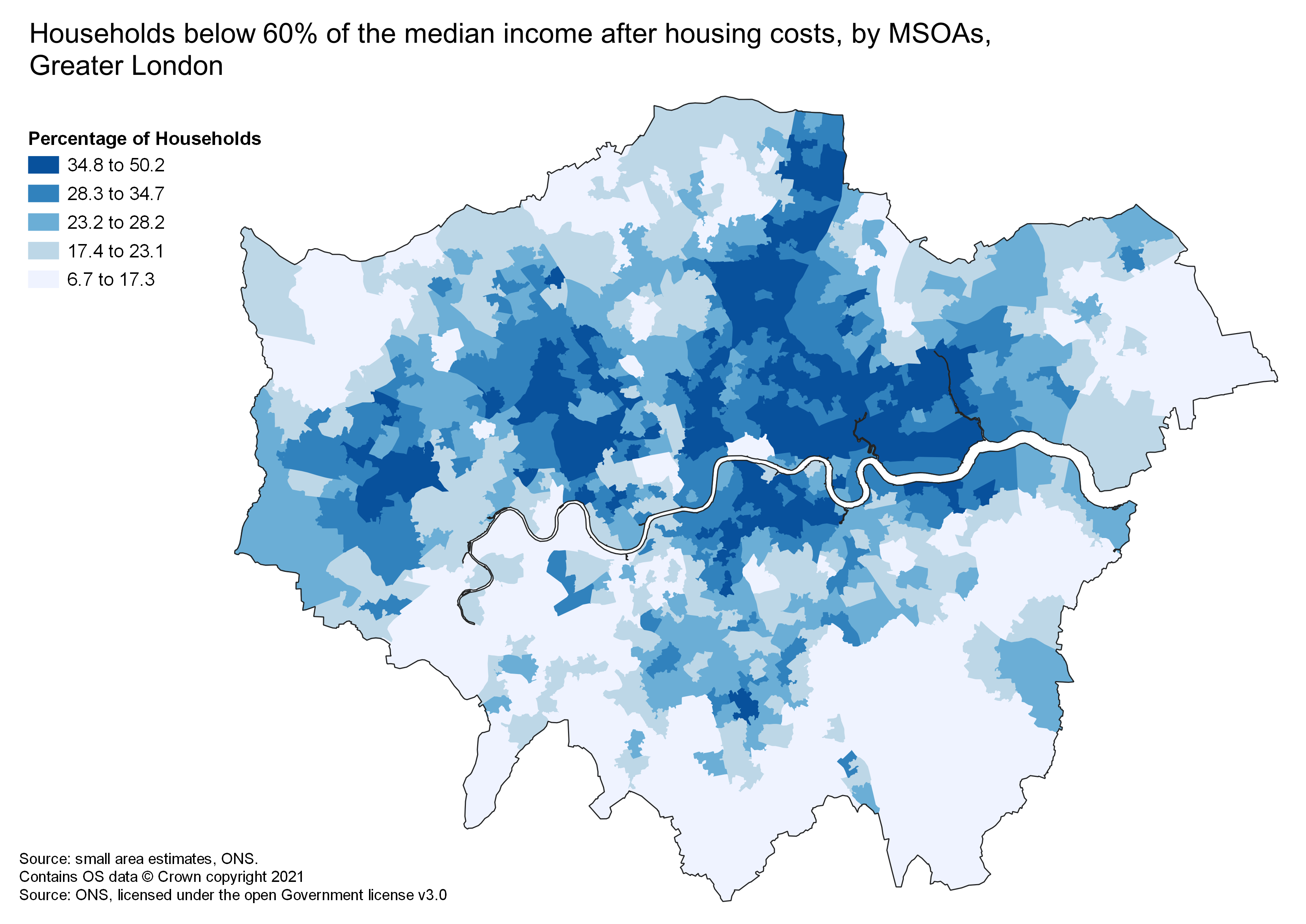 A choropleth of the percentage of households below 60% of median income, after housing costs, in London MSOA
