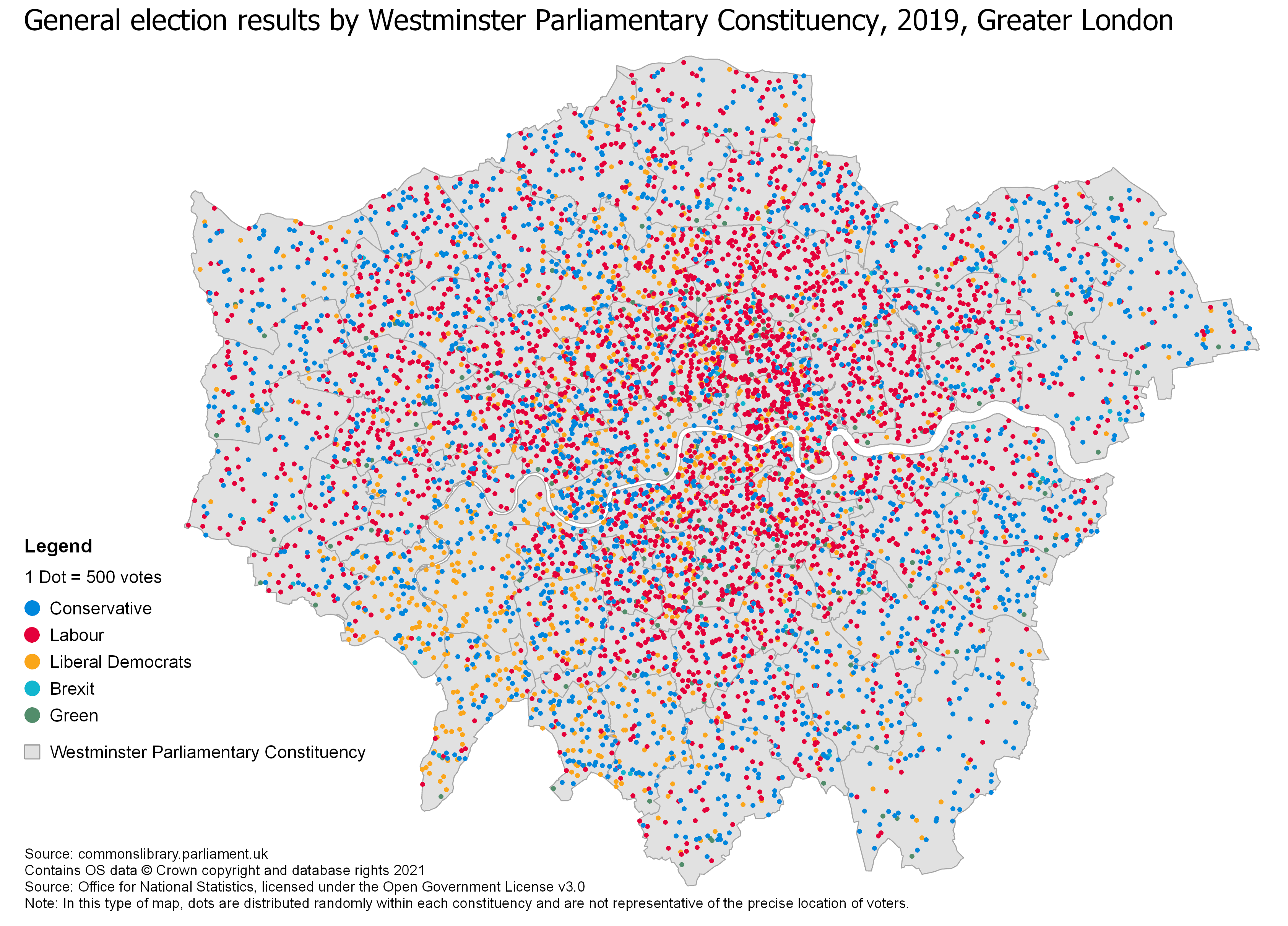 Dot density map of the results of the 2019 UK General Election