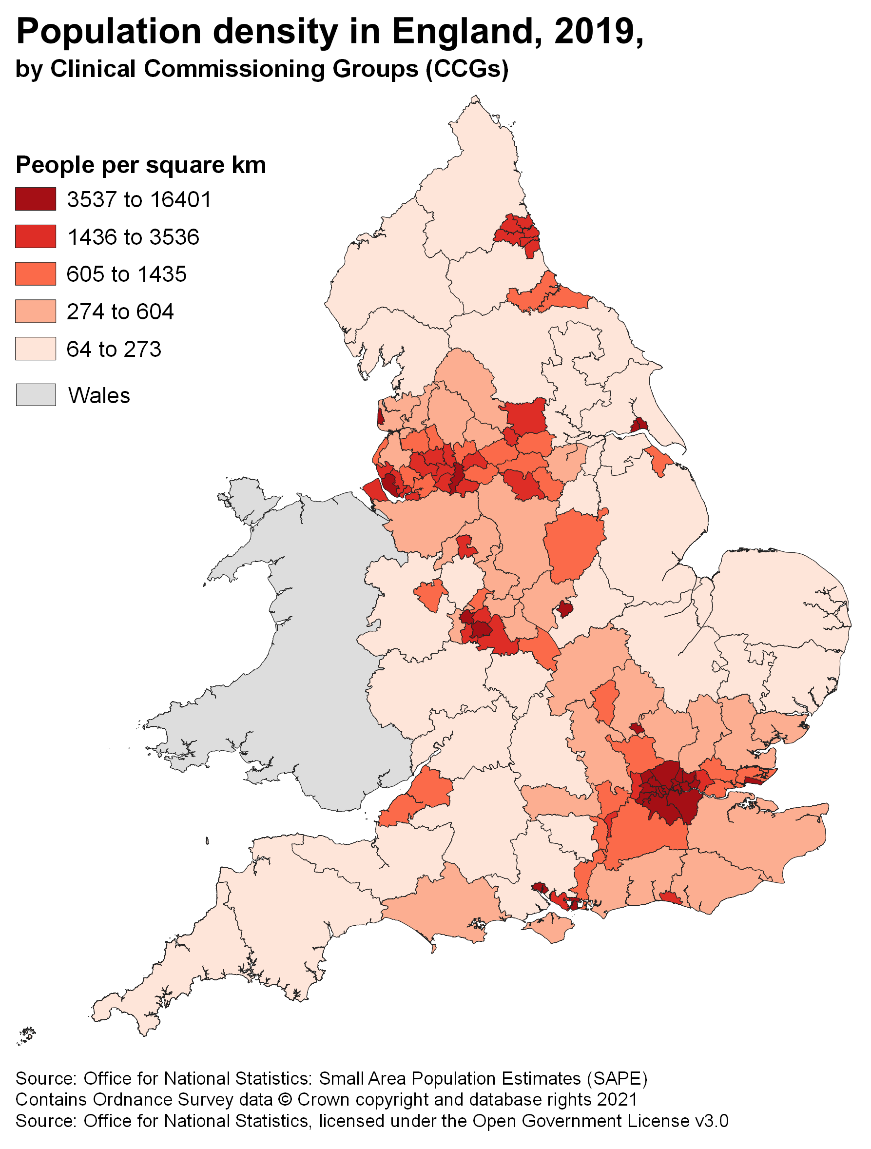 A good version of a map showing population density by CCGs, England.