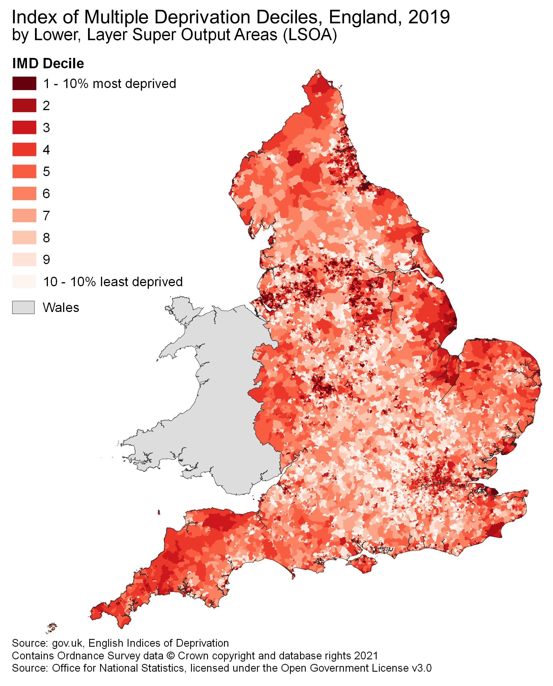 A good version of a map showing IMD Deciles, England.