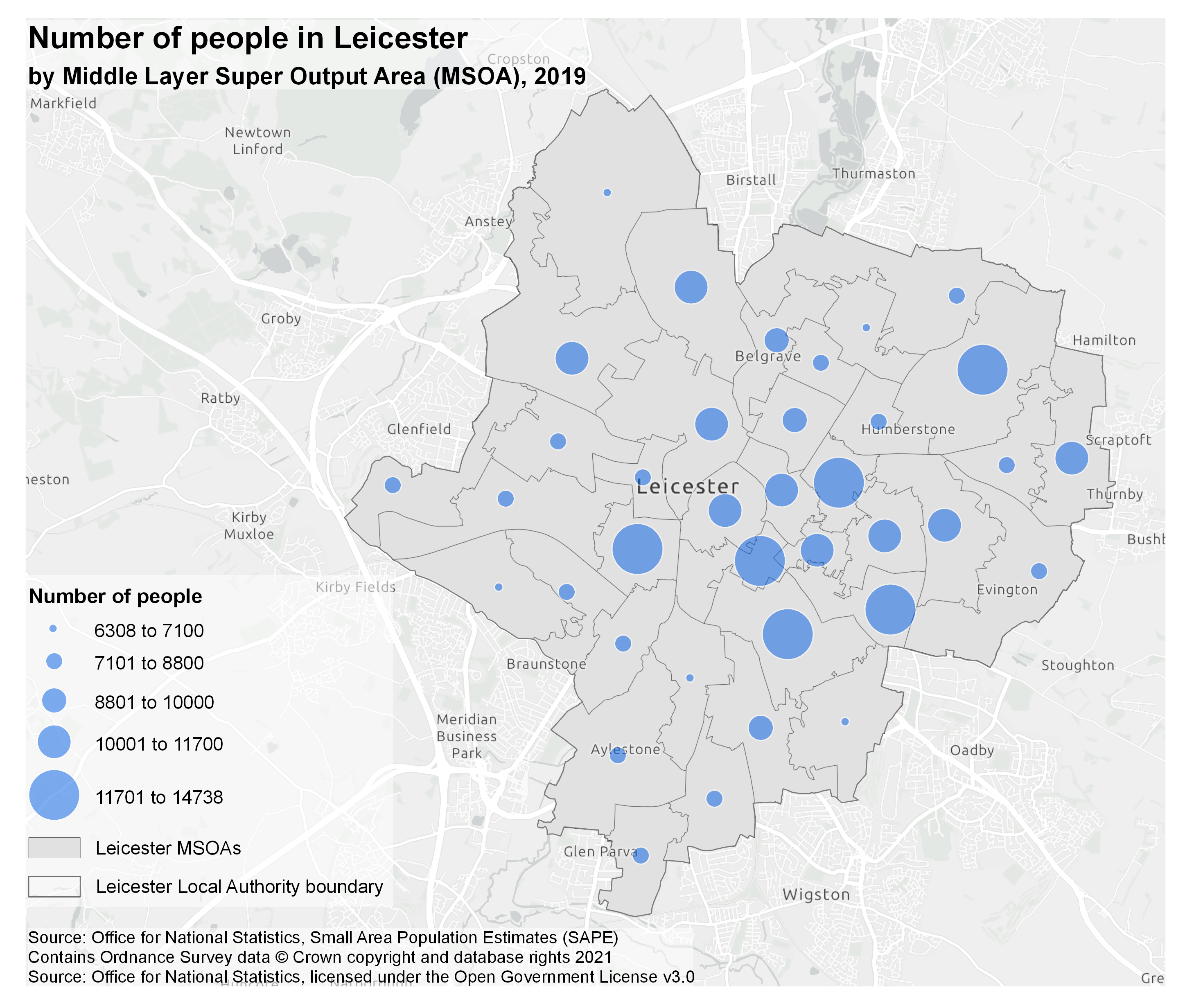 A good version of a map showing population in Leicester.