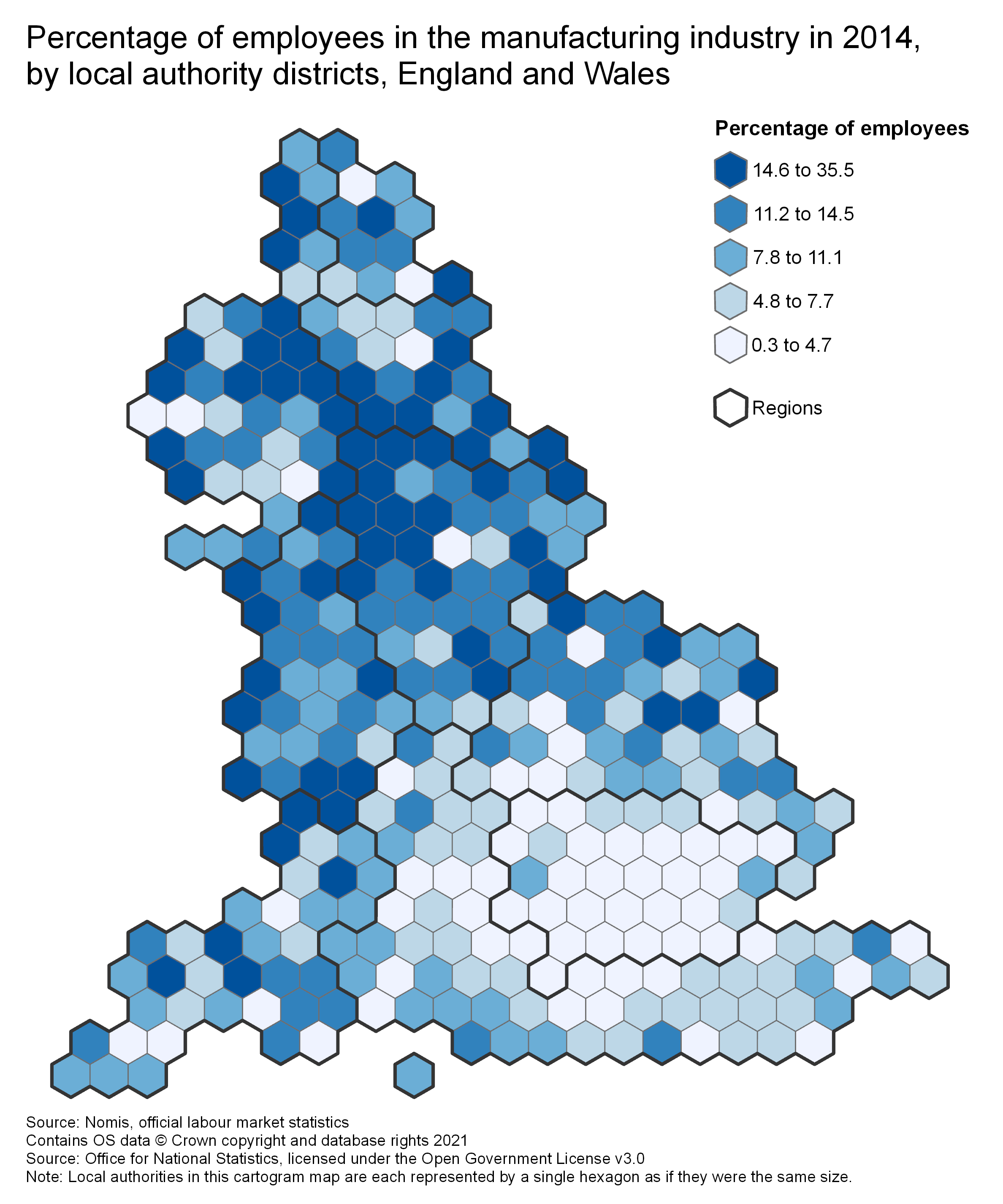 Cartogram of the percentage of employees in a Local Authority District working in manufacturing in 2014