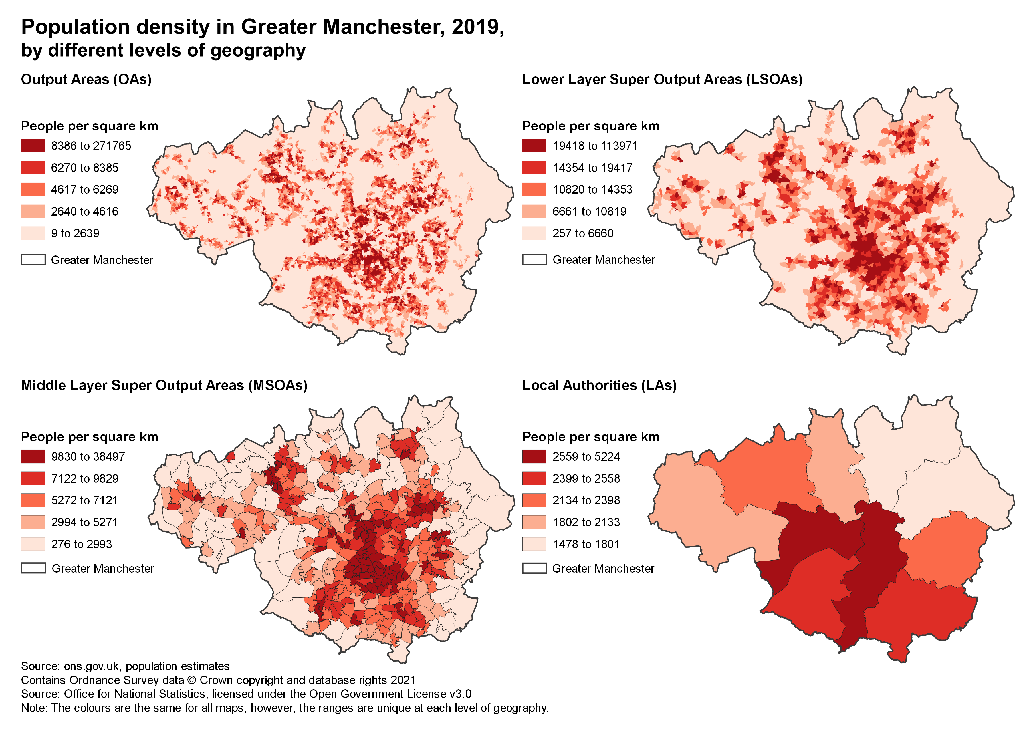 The same map of population density in London displayed at four different boundary aggregations.