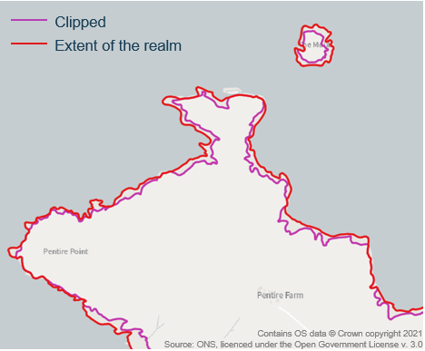 Map showing the difference between clipped and extent boundaries.