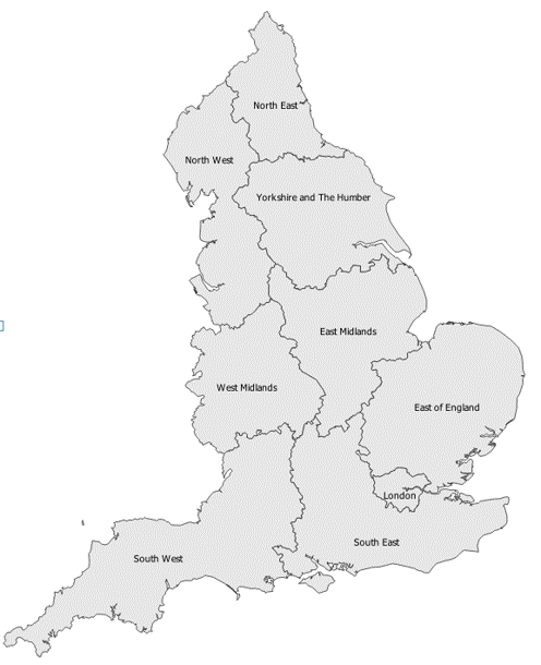 Map showing regions in the England