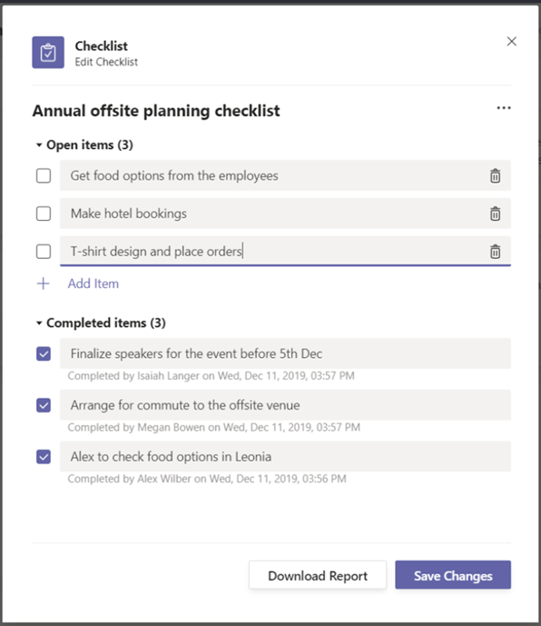 Checklist Template Update screen