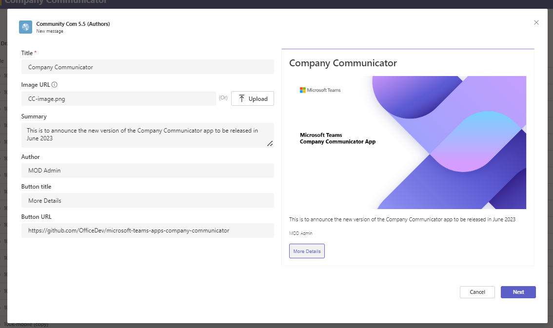 Company Communicator compose message screen
