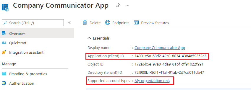 Azure AD app overview page