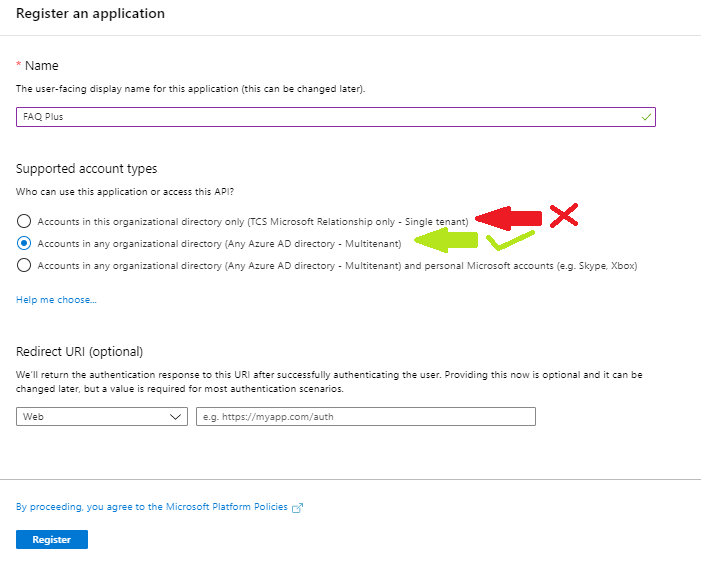 Azure registration page