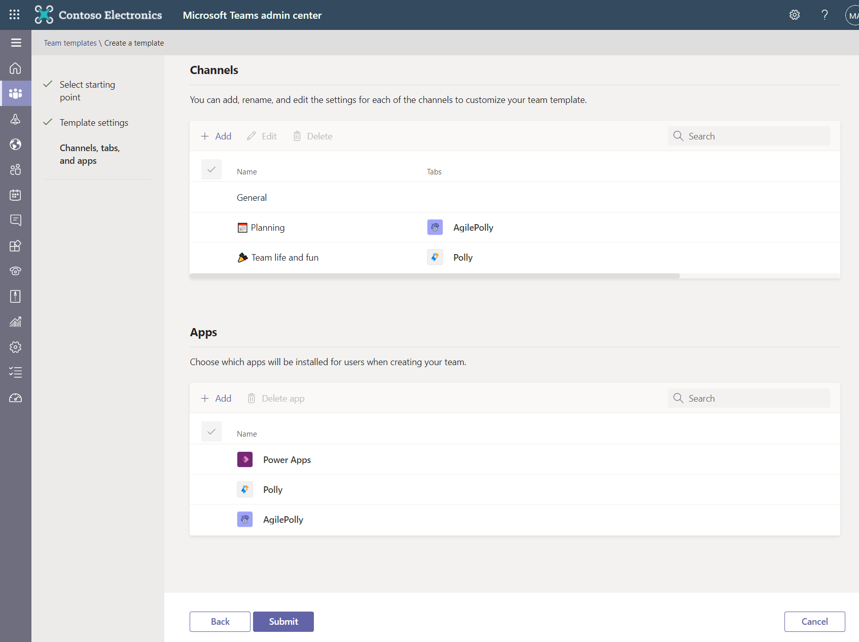 Adding channels and apps to an Admin Center template