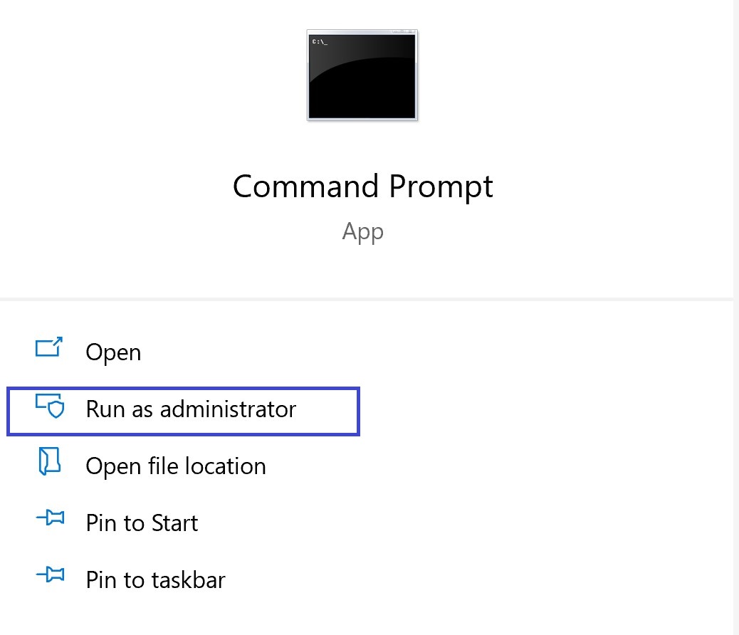 Command prompt options, including "run as administrator" in Windows 10