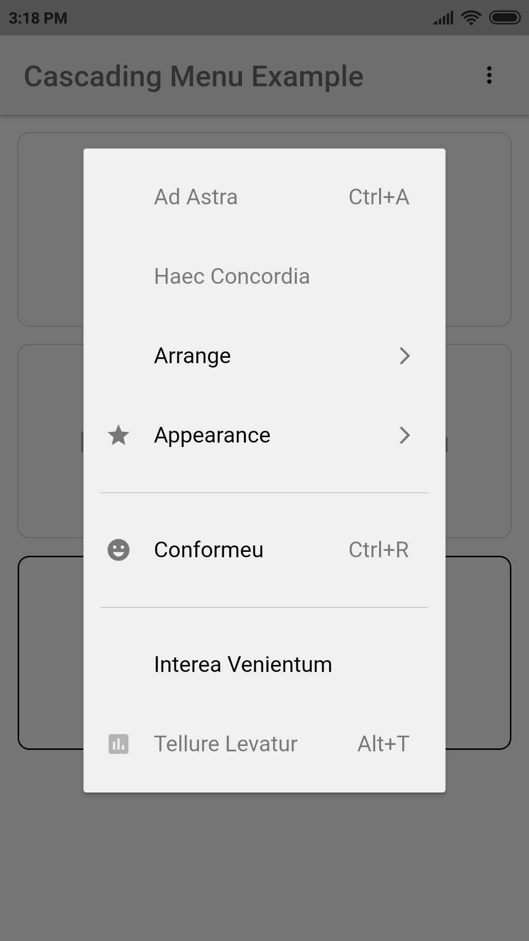 A centered menu on a mobile platform