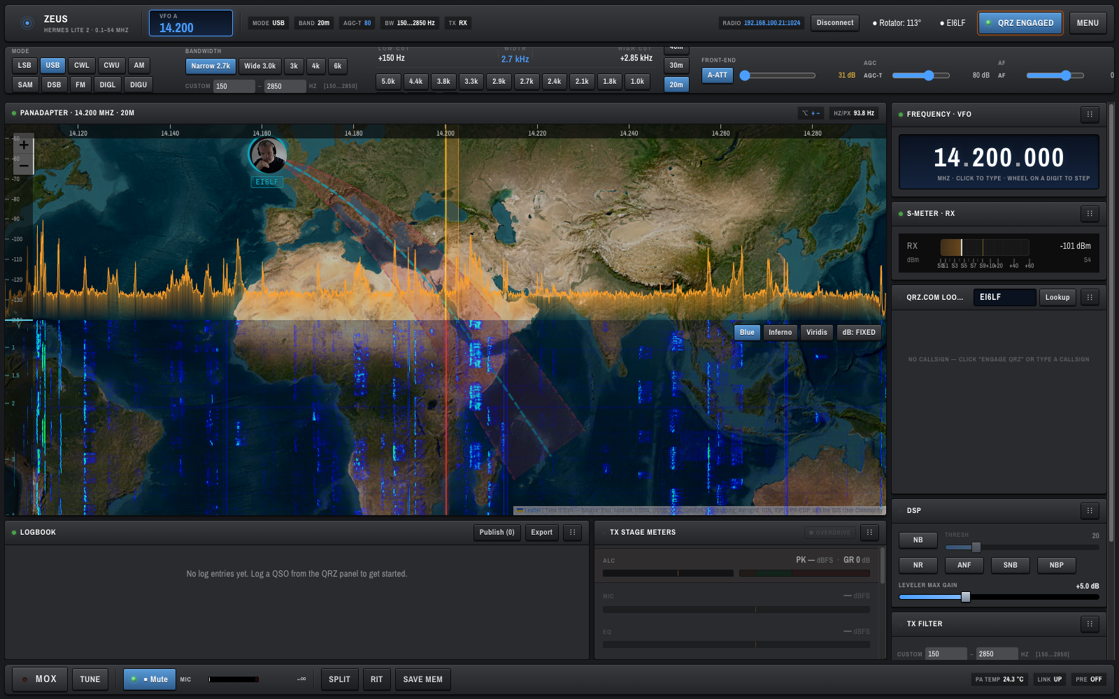 Panadapter with QRZ great-circle map overlay