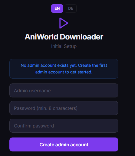 Screenshot: setup page
