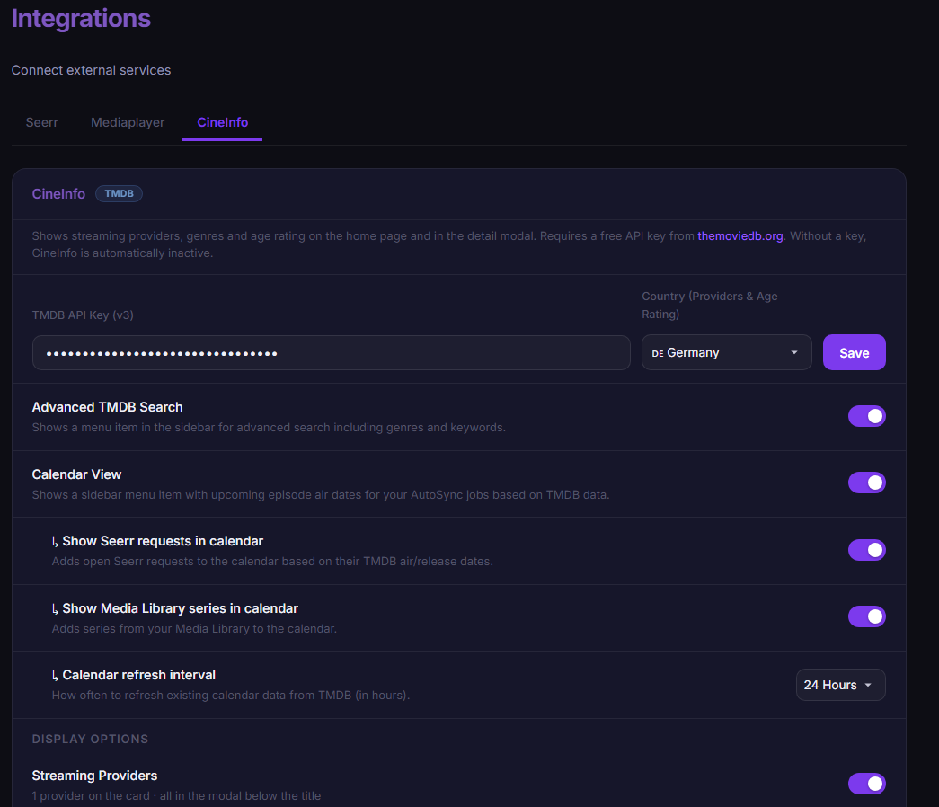 Screenshot: integrations page