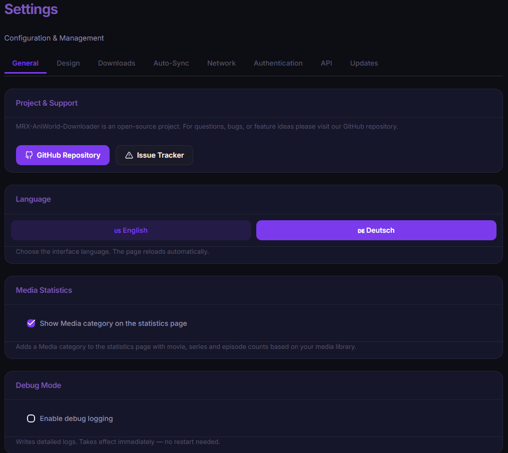 Screenshot: settings page