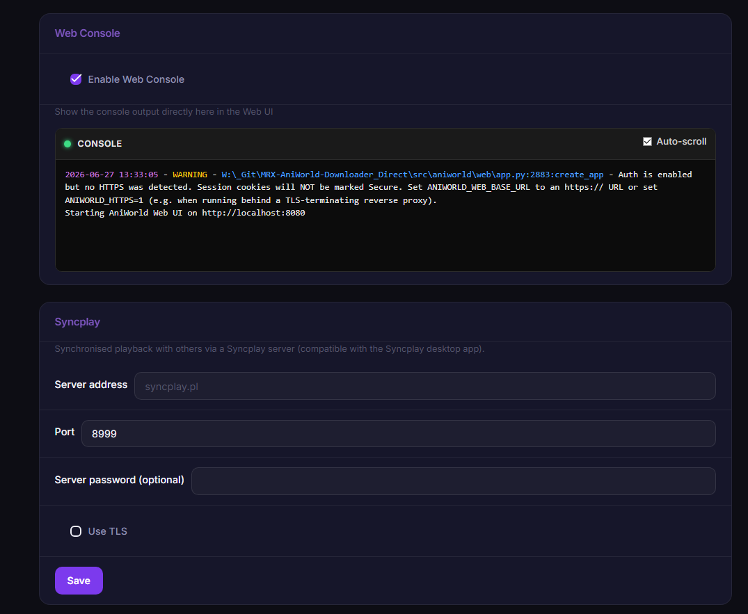 Screenshot: settings page
