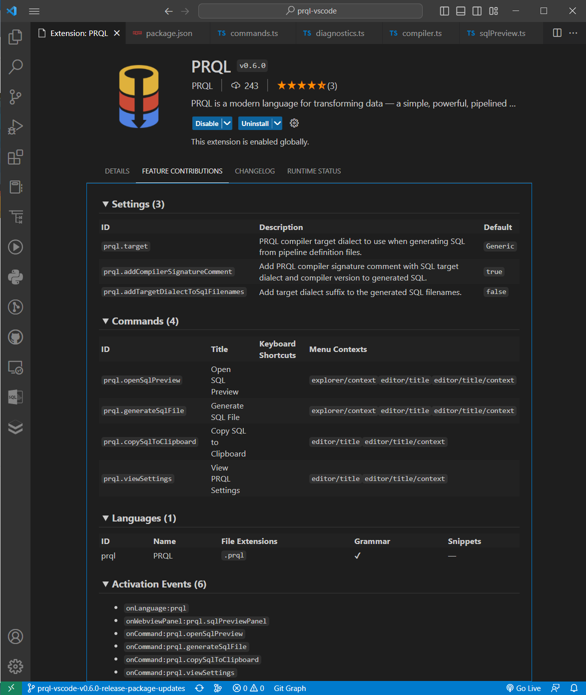PRQL VS Code Feature Contributions