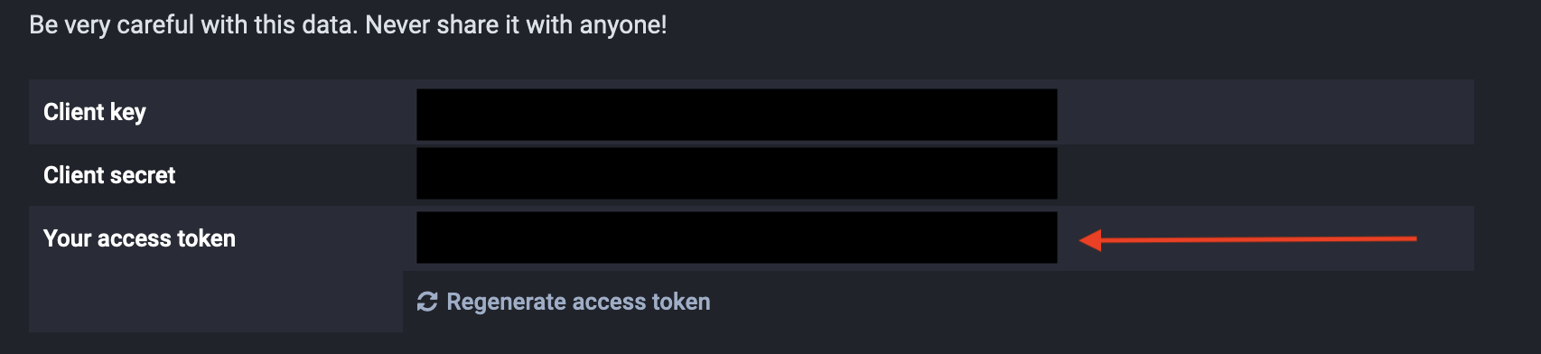 A screenshot with an arrow pointing at the value for the “Your access token” field