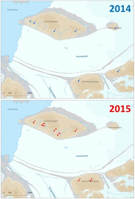 The positions of the time-lapse cameras in 2014 (top) and 2015 (bottom). Map source: Norsk Polarinstitutt (toposvalbard)