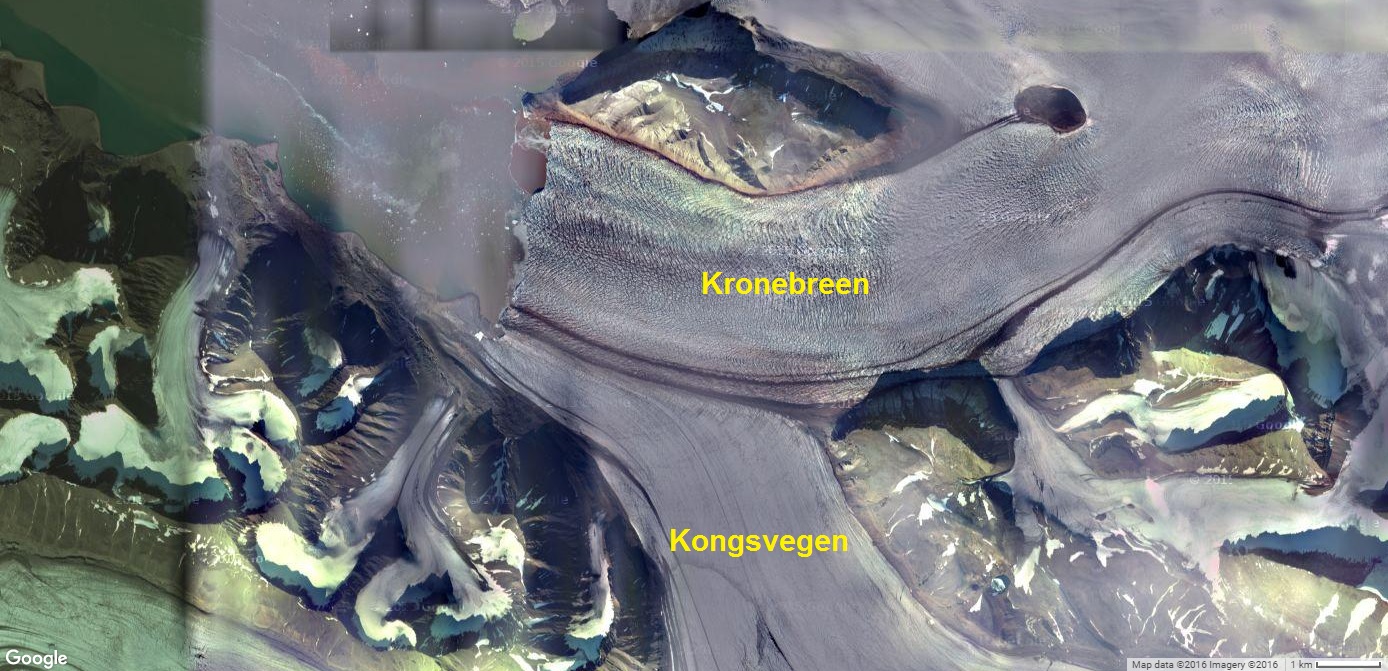 Satellite imagery of Kronebreen and Kongsvegen in 2011. Where their margins converge is signified by a significant dark debris band. Note how much more crevassed Kronebreen is than Kongsvegen. Source: Google Earth.