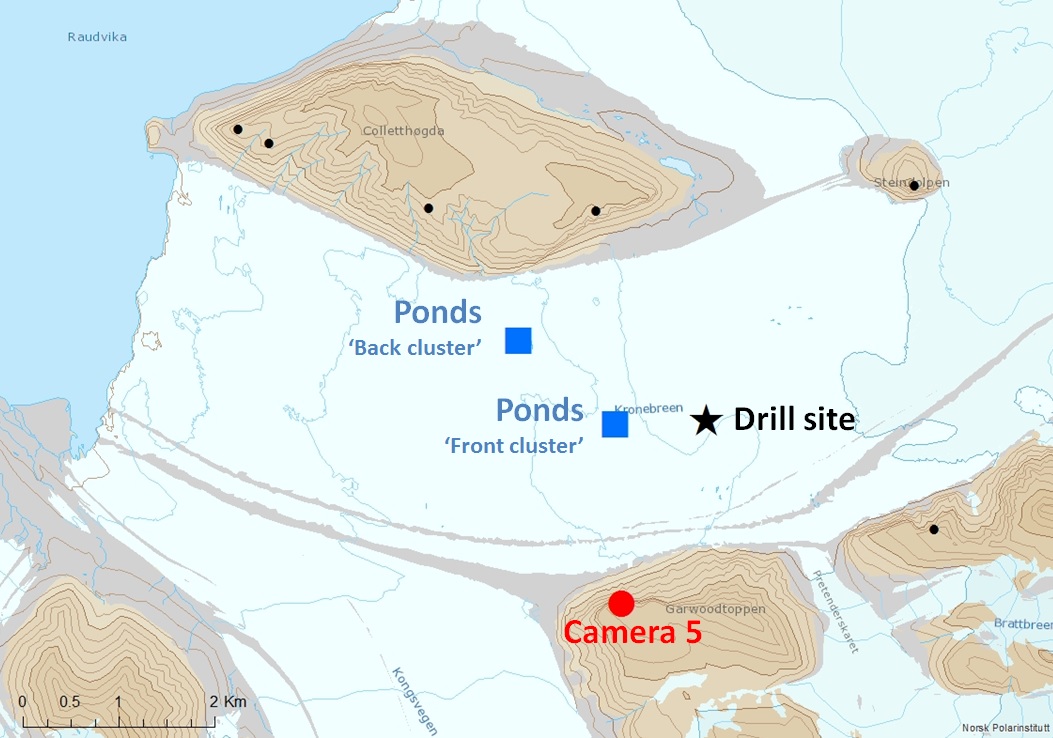 Map showing the tracked ponds from camera 5 (May - September 2014) in relation to the borehole drill site where a pressure sensor was installed in September 2013. The drill site is approximately 1 Km from the front cluster of ponds, and 2 Km from the back cluster of ponds