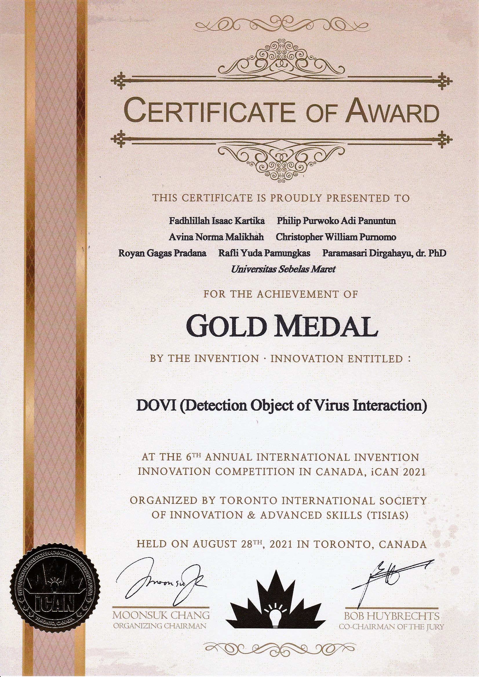 The 6th International Invention Innovation Competition in Canada - Gold Medal Award Certificate.jpg