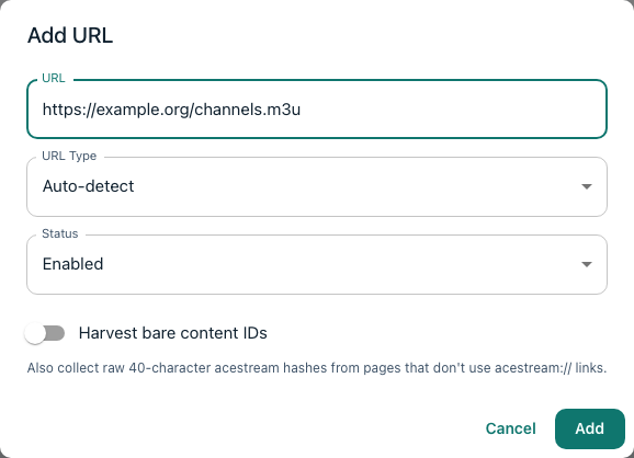 Add URL dialog on the Scraper page