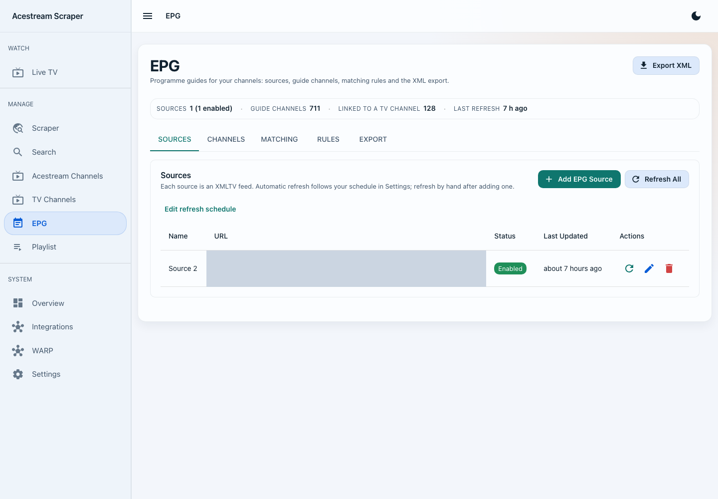 EPG page showing the Sources, Channels, Matching, Rules, and Export tabs
