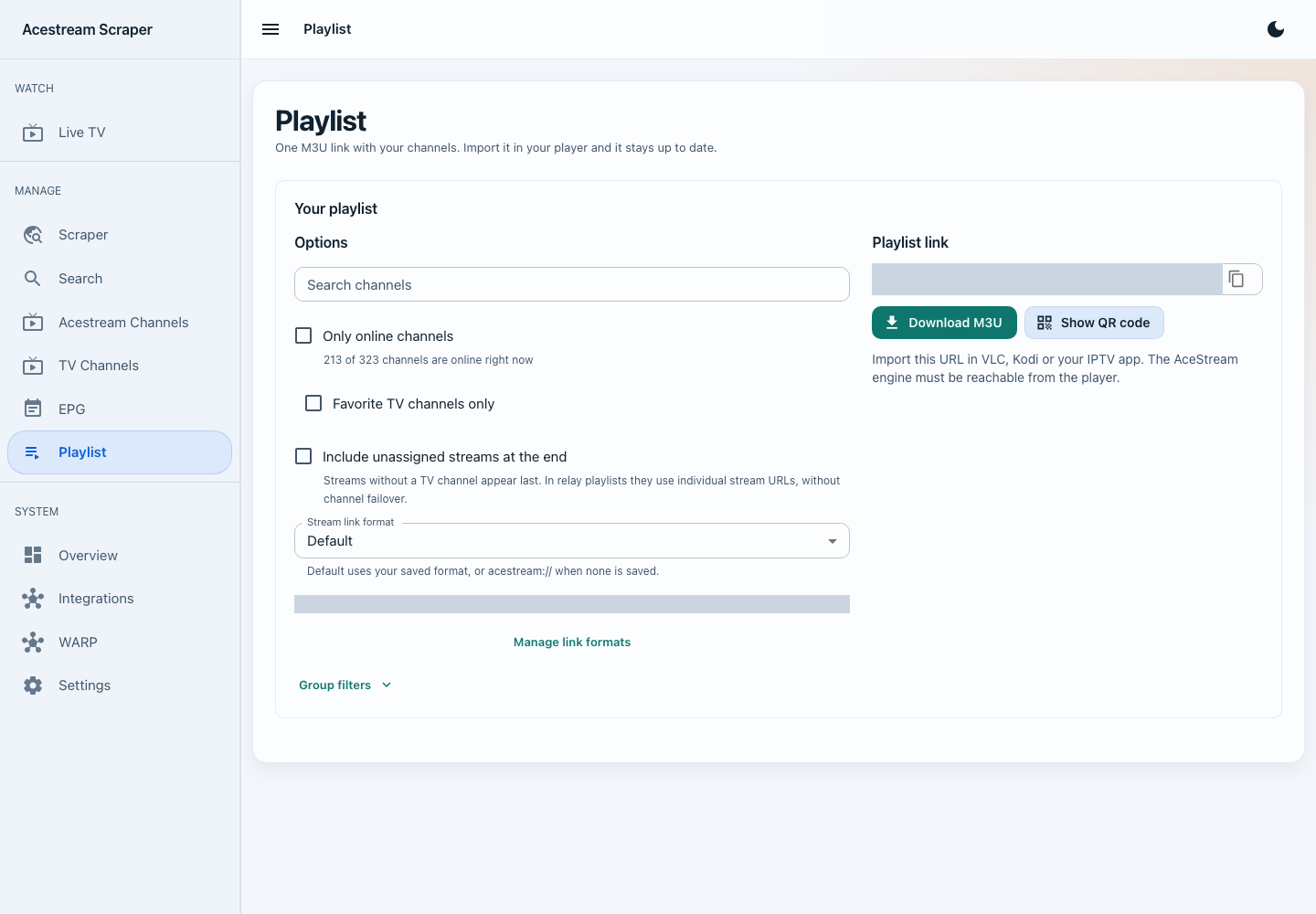 Playlist page with filters and the generated M3U URL hidden