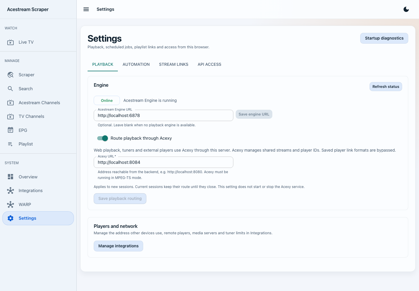 Settings Playback tab with engine and Acexy routing controls