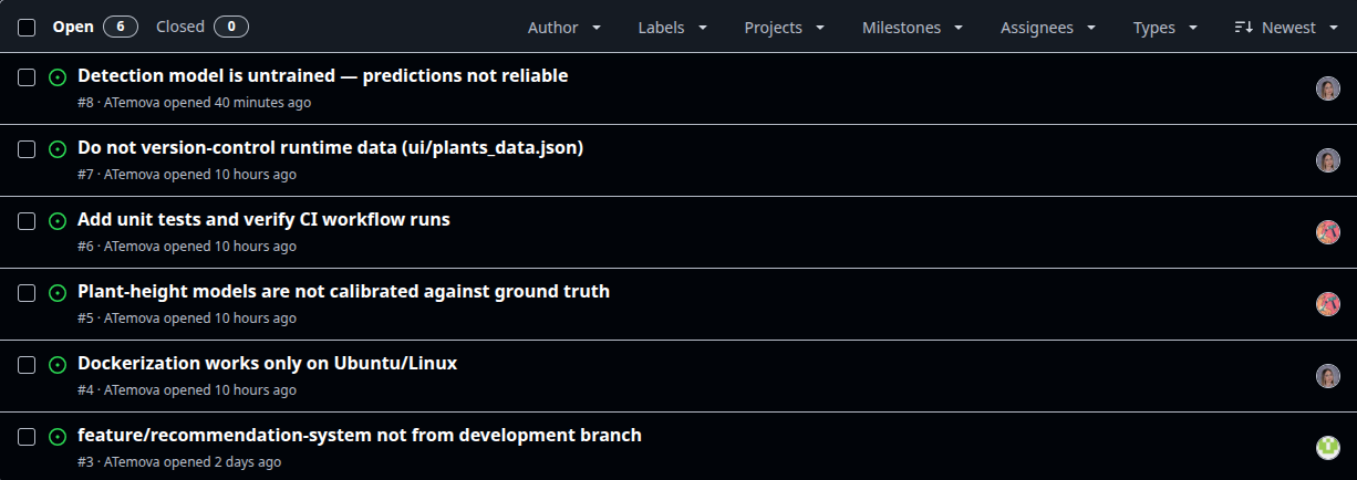 Slika 6: Pregled zabeleženih GitHub Issues