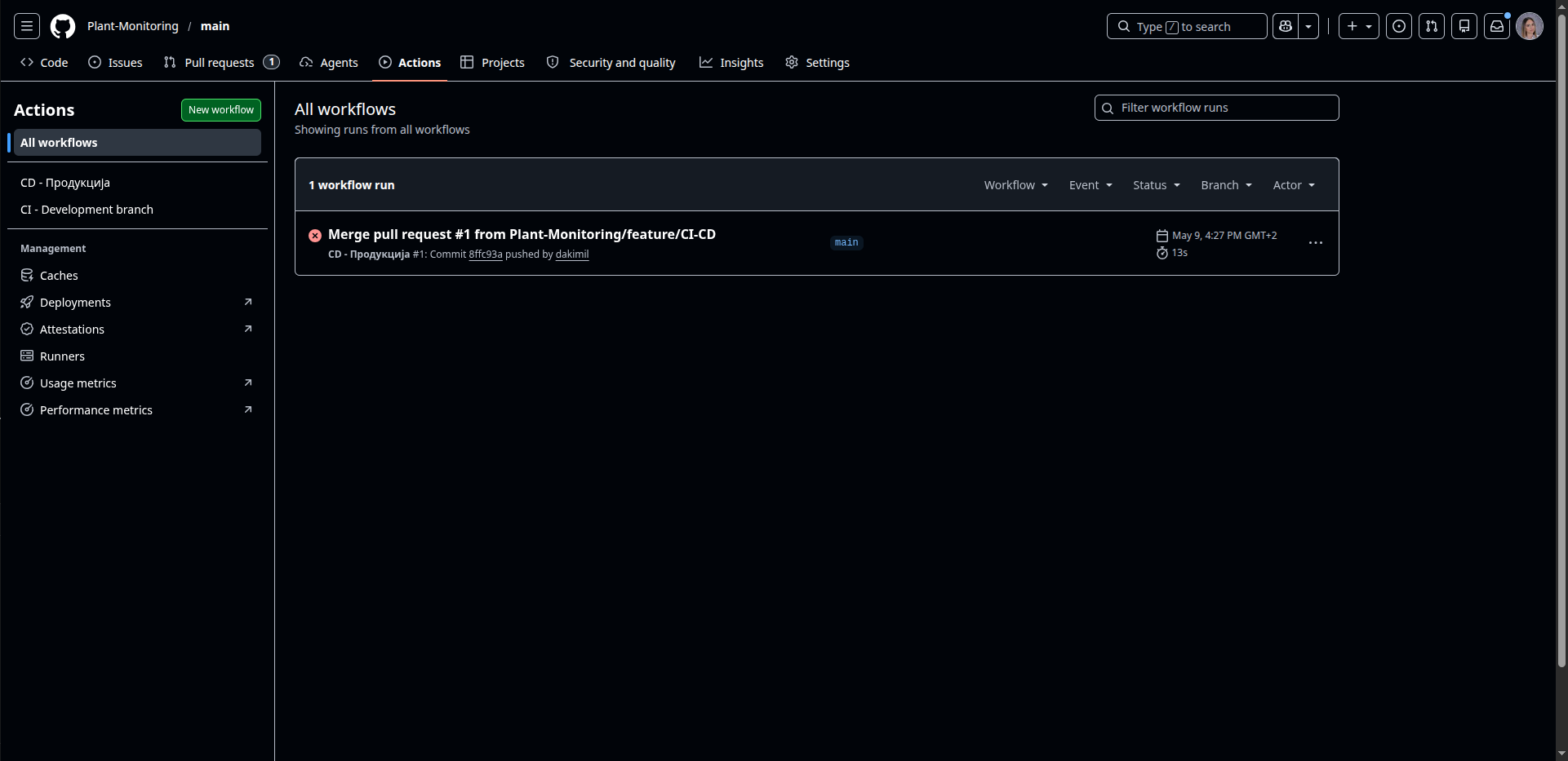 Slika 8: Podroben prikaz poteka (pipeline) v orodju GitHub Actions