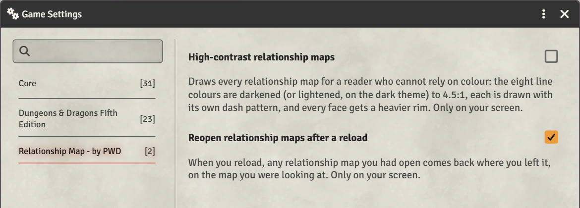 The module's two settings in Game Settings: High-contrast relationship maps, off, and Reopen relationship maps after a reload, on